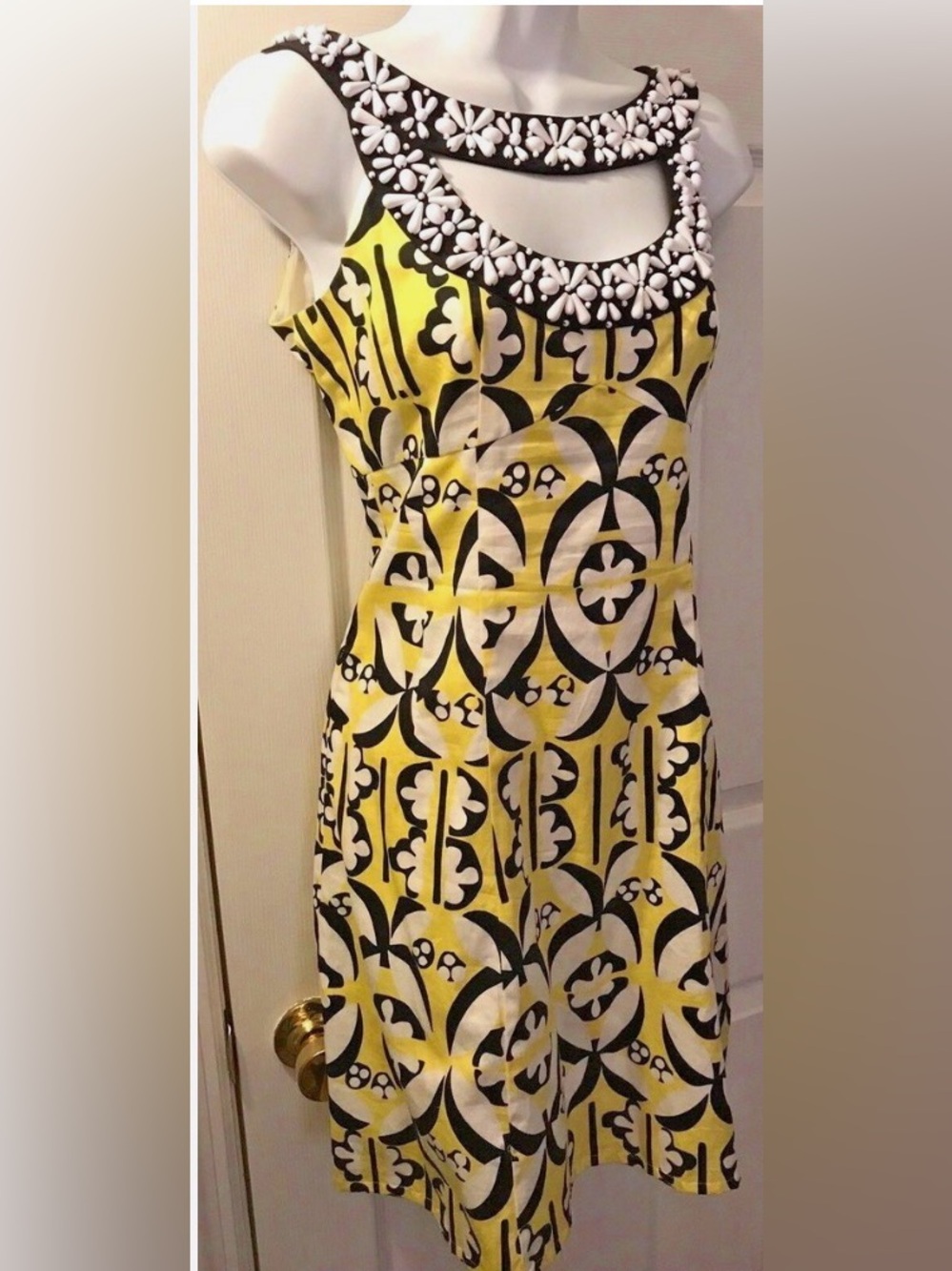 Nanette Lepore Yellow Black &  White  Beaded Cut-Out Neck Shift Dress
